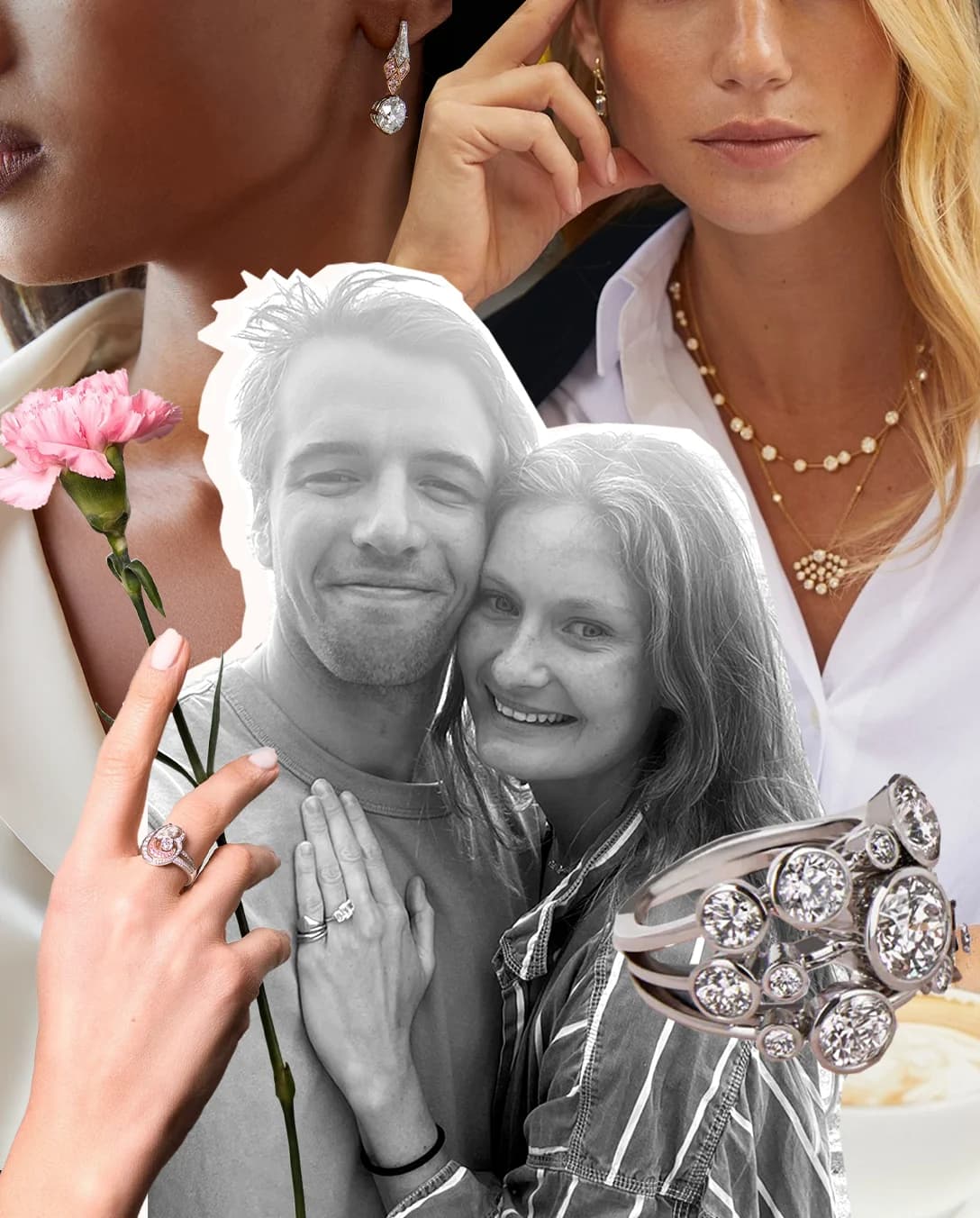 A collage featuring Honour Wainwright & Charlie Coleman's engagement photo and Boodles wedding jewellery