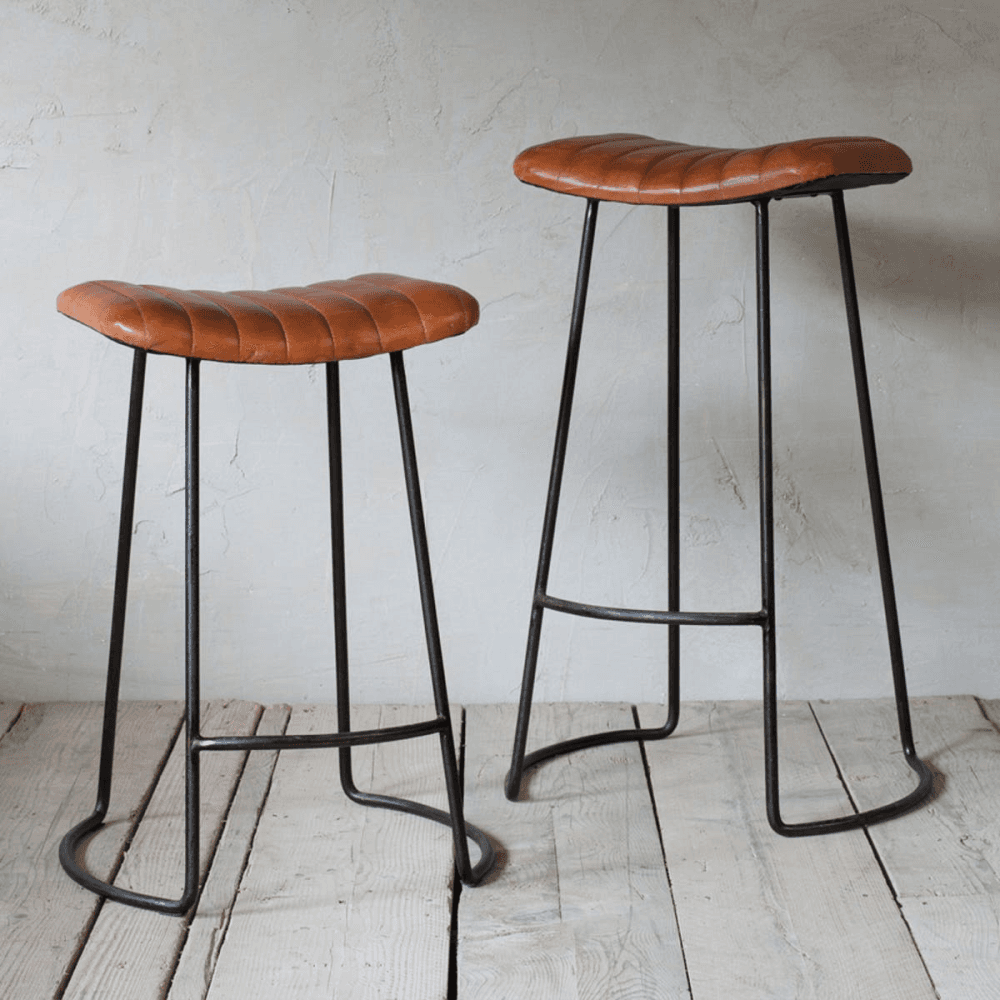 Narwana Ribbed Leather Stool, H75cm, Aged Leather and Iron