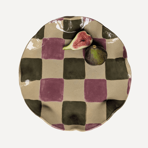 Image showing the Rosie Gore Wavy Check Platter, D28cm, Smokey Olive & Burgundy product.