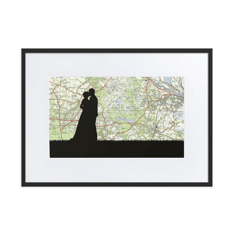 Personalised Map Print with Wedding Silhouette Voucher, 30 x 21cm, Black Frame